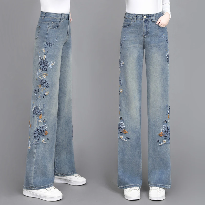女款气质服装新中式国风刺绣高腰直筒裤早秋季显瘦窄版阔腿牛仔裤