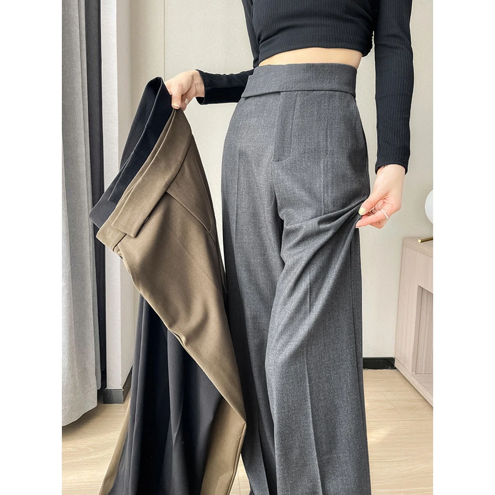气质毛呢休闲直筒裤女秋冬冬季新款西装裤休闲垂感阔腿裤长裤2024