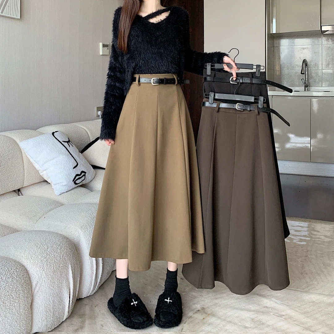 学院风黑色毛呢半身裙女秋季高腰显瘦休闲字裙时尚中长款裙子2024