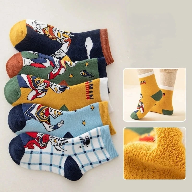 超人卡通儿童袜子冬季加绒加厚潮流百搭防臭学生中儿童冬季袜子