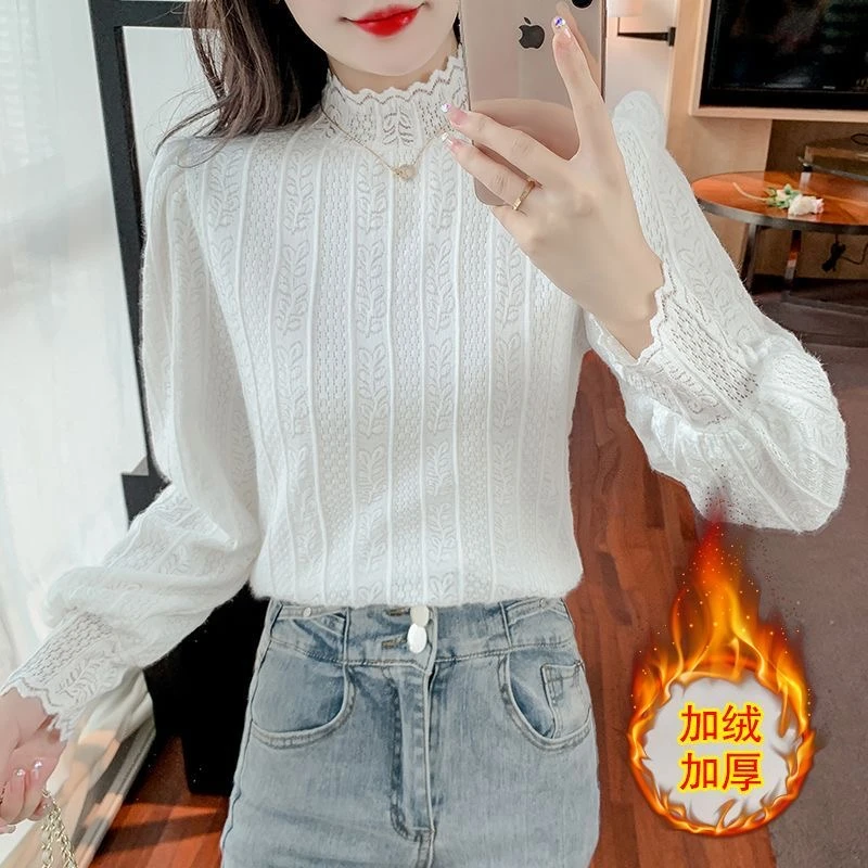 韩版叠穿蕾丝打底衫女秋冬新款加绒加厚上衣内搭洋气上衣百搭小衫