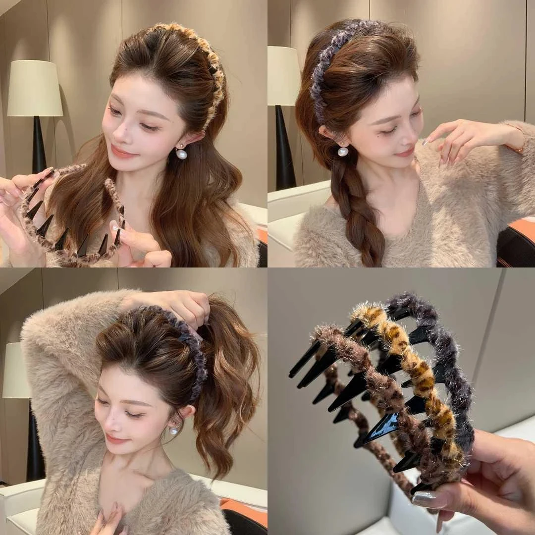 复古豹纹带齿波浪发箍发饰发根蓬松头箍发夹夹子洗脸用毛绒碎发女