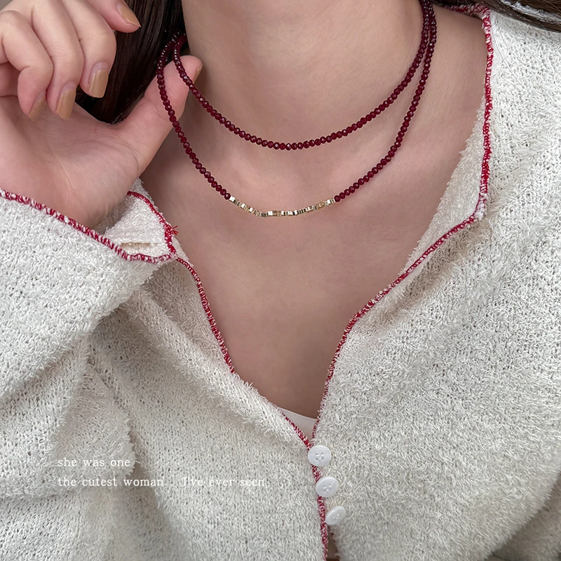 合金项链 复古红色碎银串珠项链女叠戴配饰毛衣链早春锁骨链颈链