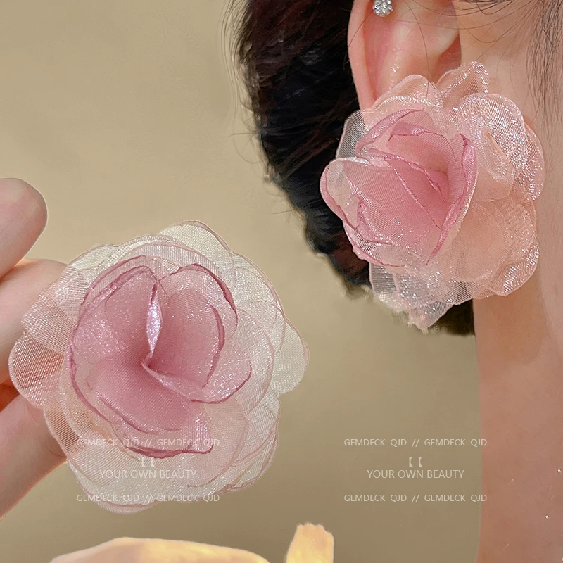 非金属布艺耳饰 森系甜美网纱花朵耳环 2025新款小众耳钉网红耳饰