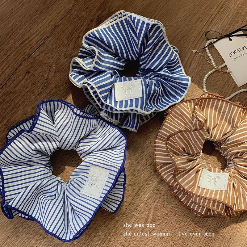 蓝色条纹双层大肠圈扎发发圈头绳少女头饰发绳早秋发饰头花橡皮筋