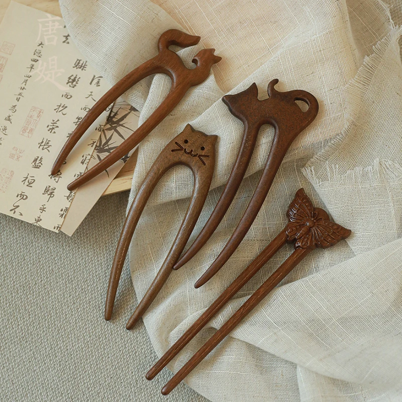 新中式u型发簪可爱猫咪发钗簪子盘发簪木发簪女古风旗袍汉服头饰
