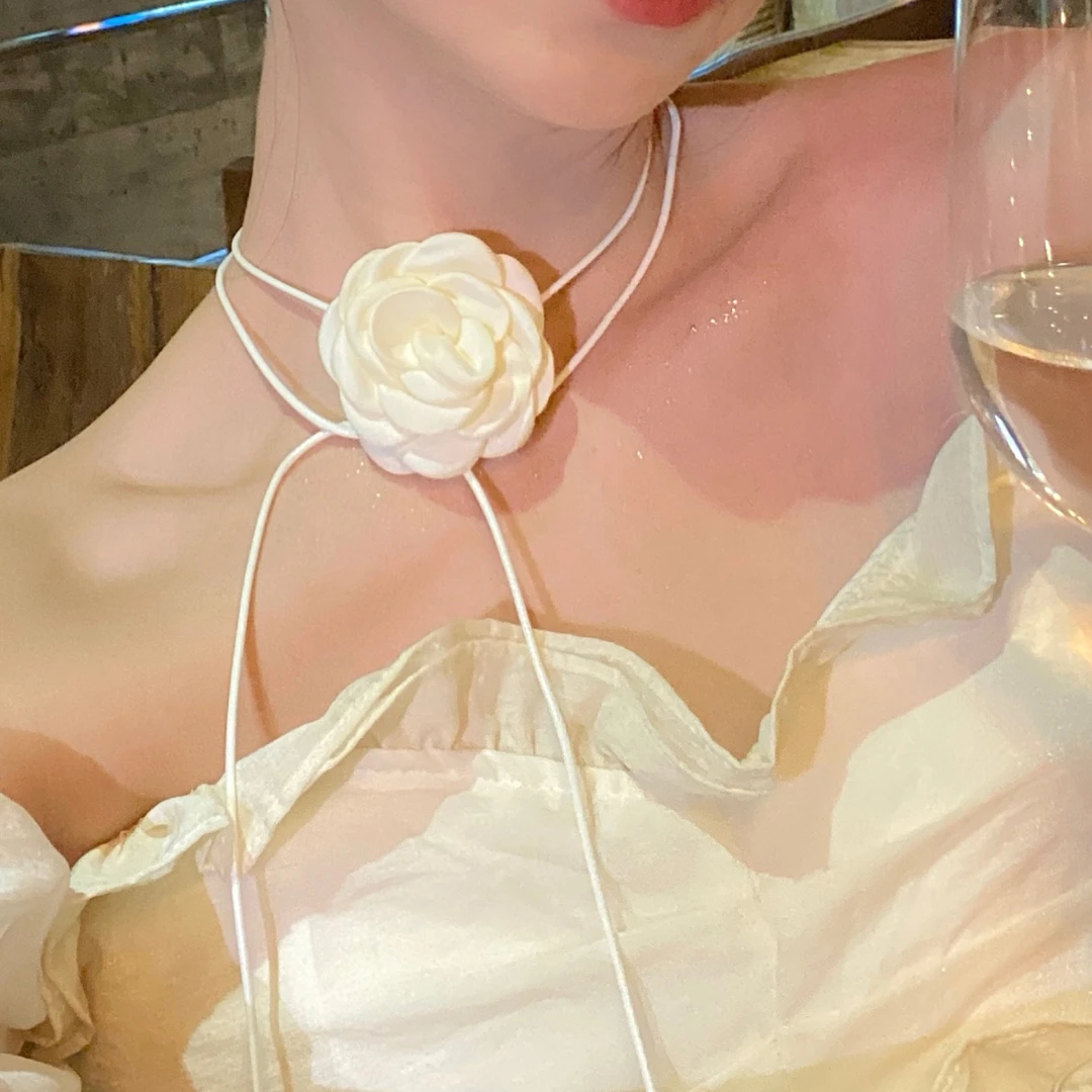 非金属布艺项链 山茶花项链女choker项圈 玫瑰花颈带锁骨颈链素链