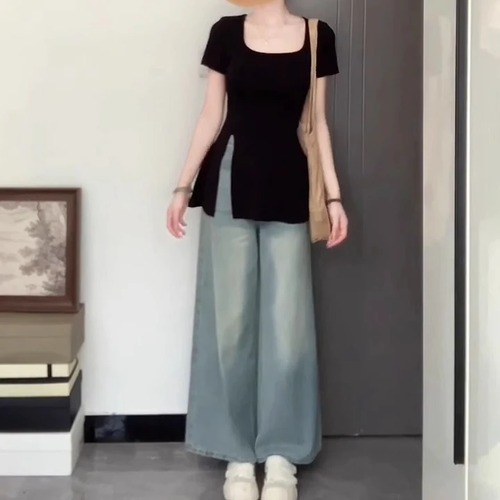 2024新款黑色U领短袖t恤女夏设计感小众独特别致百搭显瘦开叉上衣