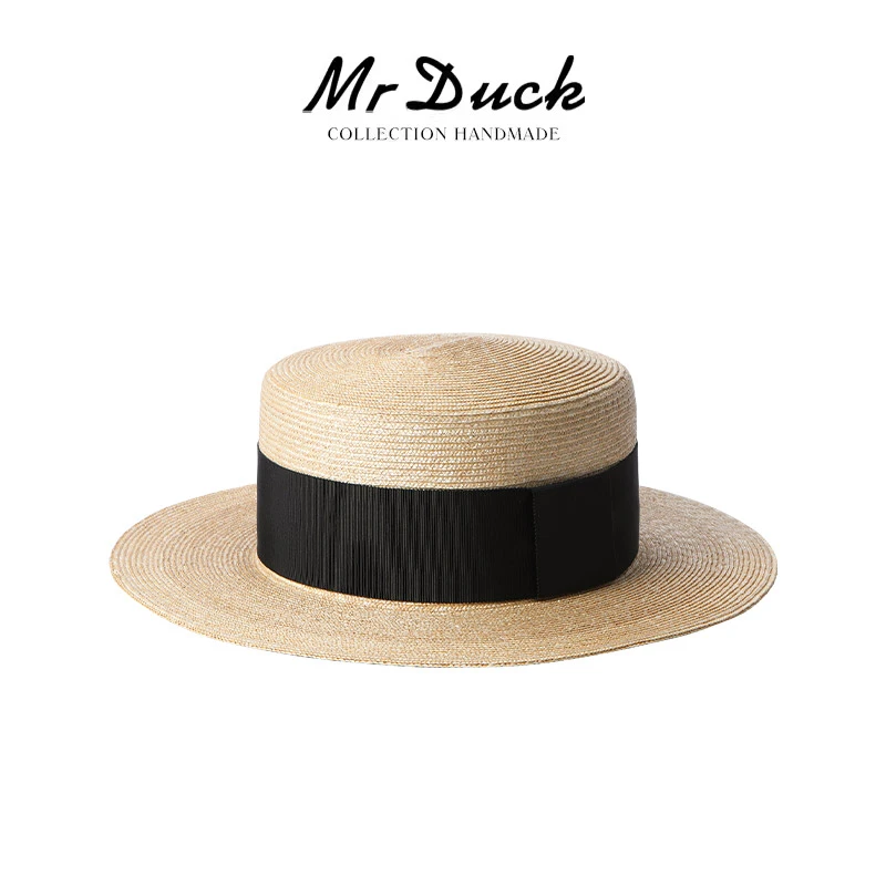 Mr DUCK奢品超细典藏麦秆草平顶帽夏季出游度假男女夏季平顶草帽