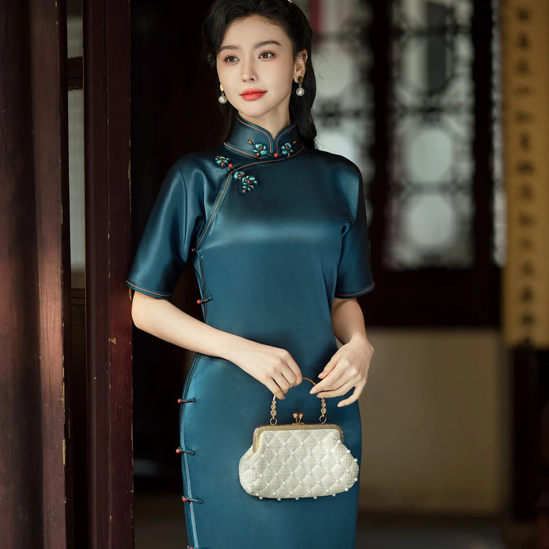 风动兰香 古法平裁重缎50姆米皮子香云纱高端手工旗袍