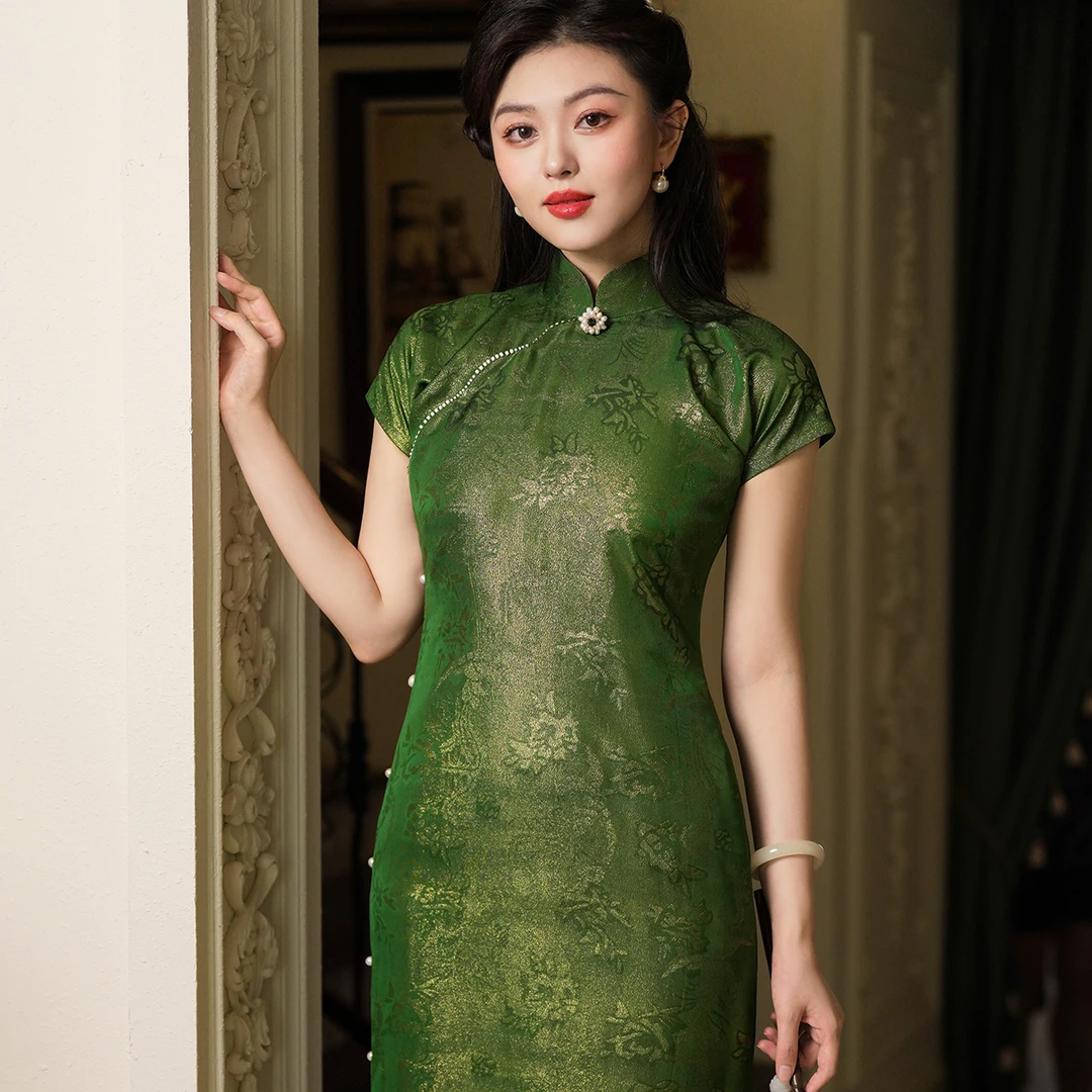 御昭瓷  长款古法平裁织金真丝经绞罗高端传统手工旗袍