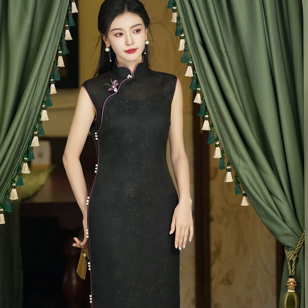 晚香玉 古法平裁长款非遗香云纱真丝绞经罗高端手工旗袍