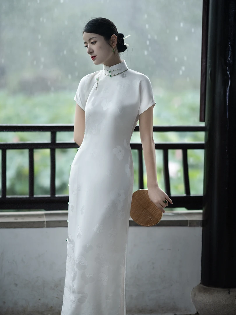 一汀雪茶 长款古法平裁修身真丝正绢传统高端手工旗袍
