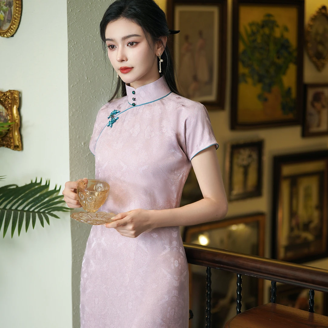 碧桃春长款古法平裁苏罗团羊纹四经绞罗高端传统手工旗袍