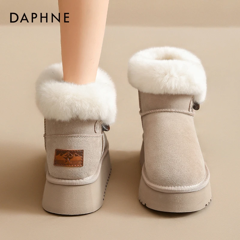 达芙妮真皮厚底雪地靴女2024爆款冬季百搭保暖面包鞋毛毛加绒棉鞋