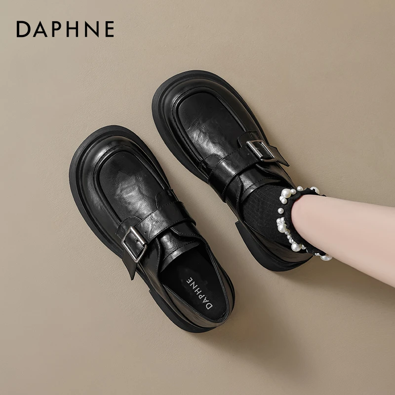 达芙妮厚底乐福鞋女款2025新款爆款春季黑色增高英伦风通勤小皮鞋