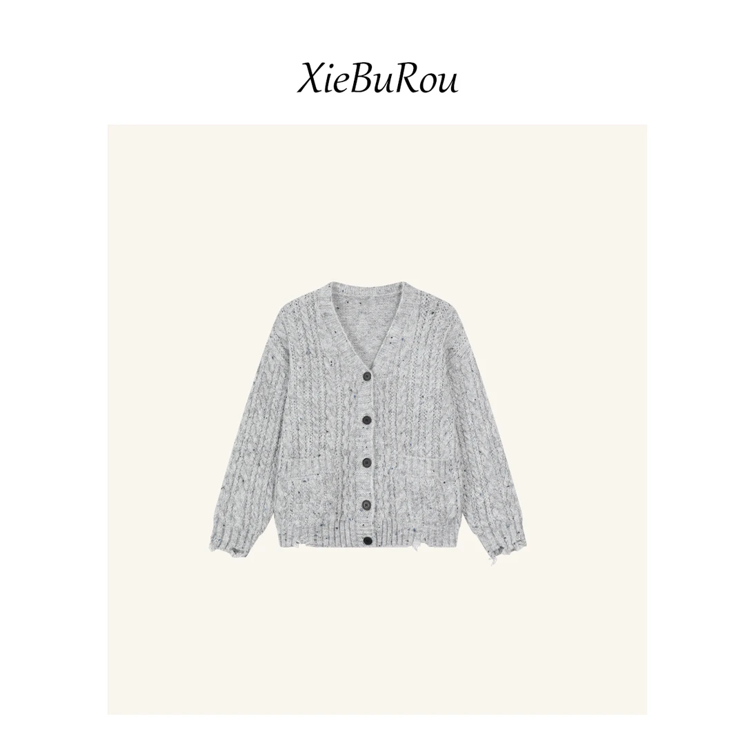 【谢不肉】点彩麻花简约破洞慵懒宽松多穿复古开衫针织毛衣5227