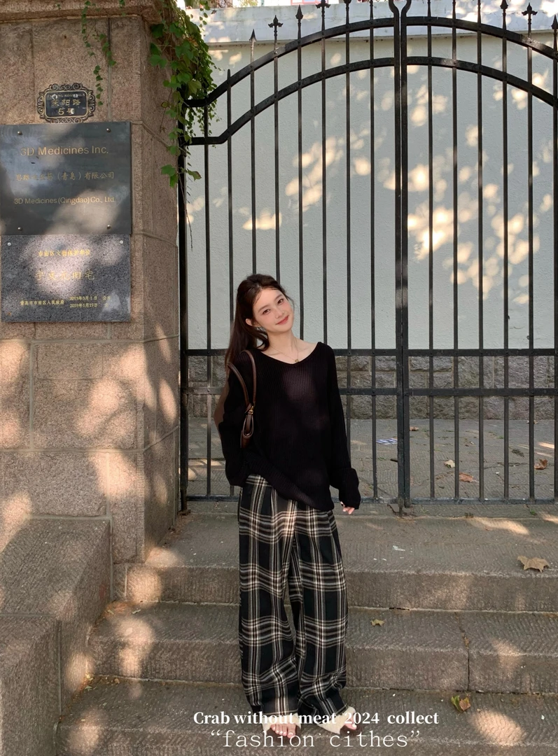 谢不肉【一忘皆空】宽松复古设计感韩版显瘦直筒阔腿格子裤5193