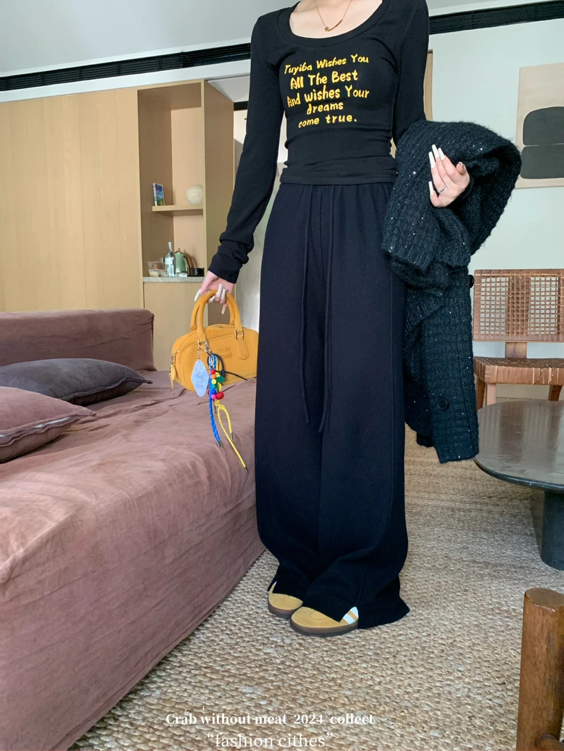 谢不肉【复刻回忆】宽松显瘦松紧腰抽绳开叉直筒针织长裤5236