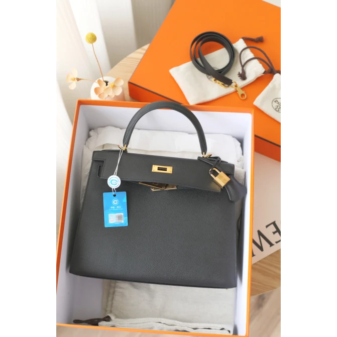 95新 Hermes/爱马仕 kelly28 C刻  EP皮  黑色 金扣女士 nn轻奢