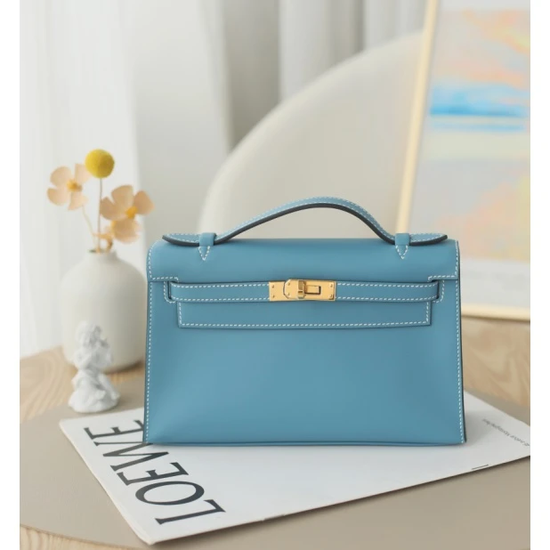 全新未使用 Hermes/爱马仕 MINI Kelly一代22B刻 牛仔蓝金扣