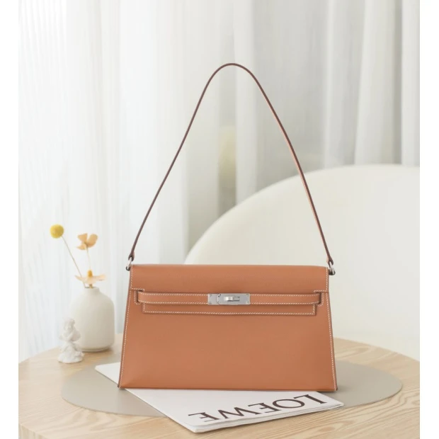 99新 Hermes/爱马仕 Kelly Elan  B刻 Madame皮 金棕色 银扣拆单