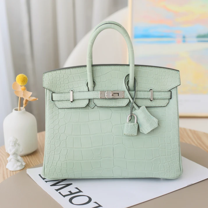 95新 Hermes/爱马仕 Birkin25 Z刻 方框短吻鳄鱼皮 6u薄荷绿 银扣