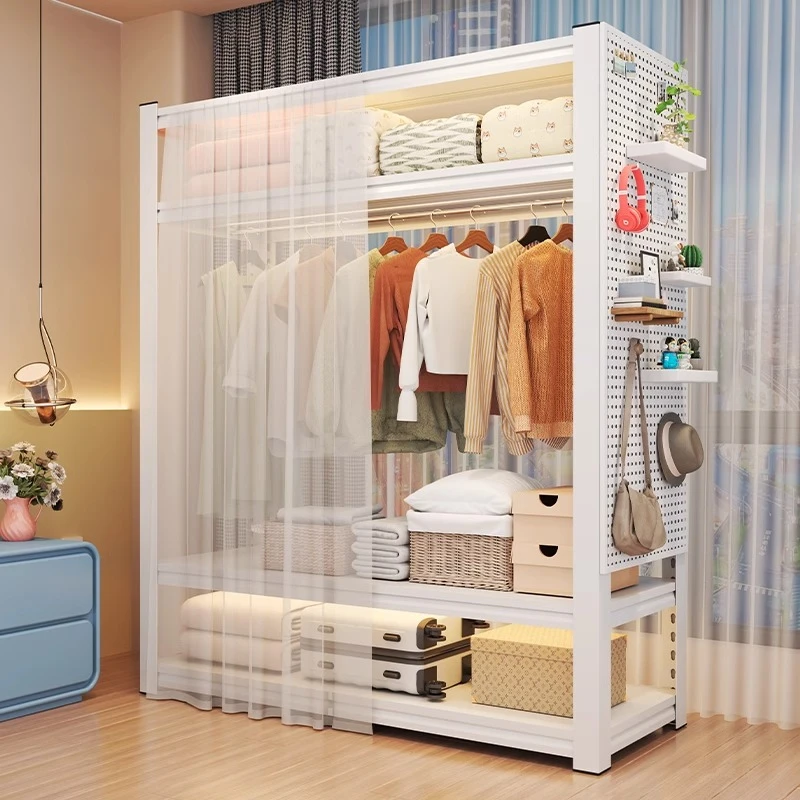 卧室开放式多层防尘帘衣柜家用落地简易衣帽架置物架阳台铁艺货架