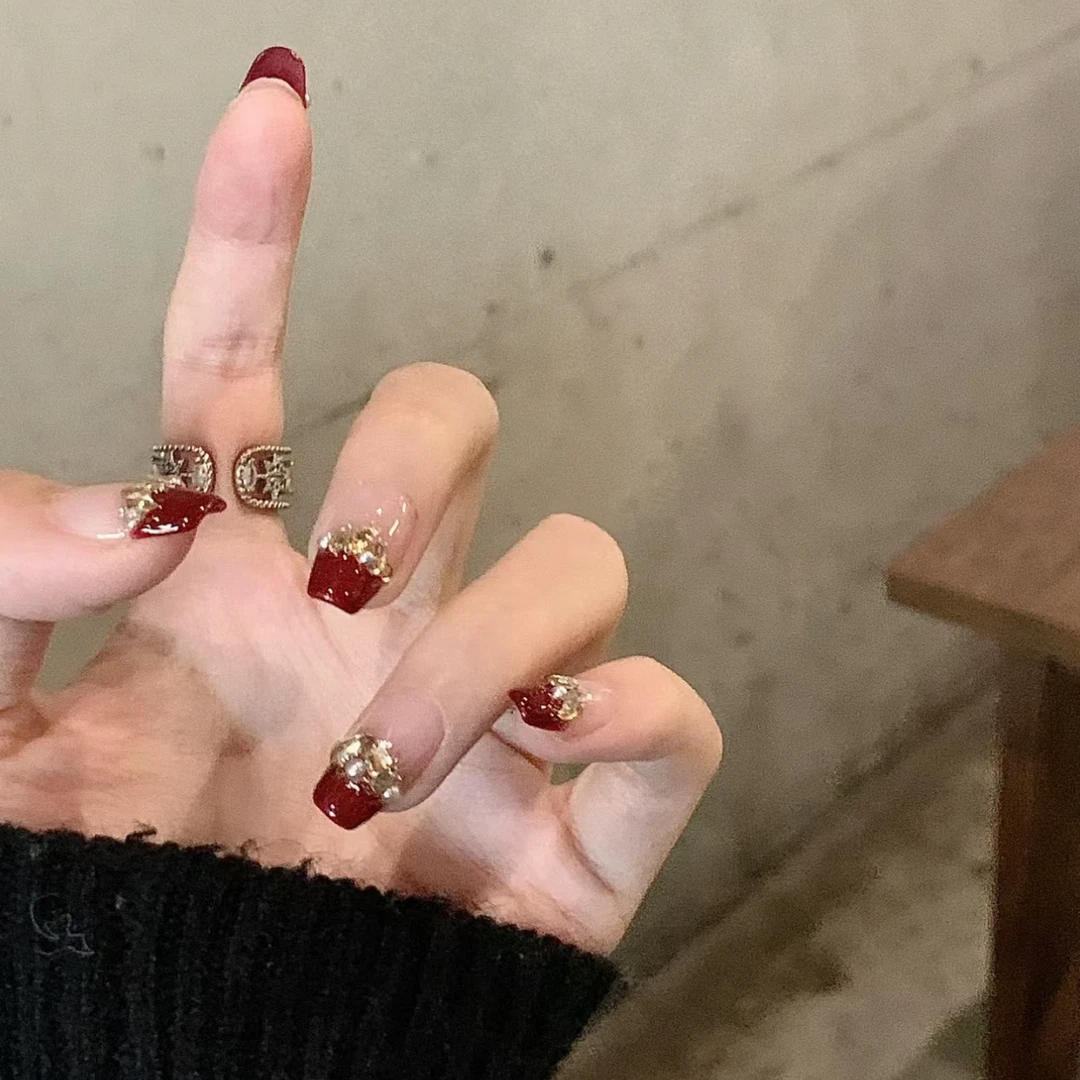 【酒红香槟】纯手工穿戴甲高档猫眼甲片中长款圣诞节美甲贴片