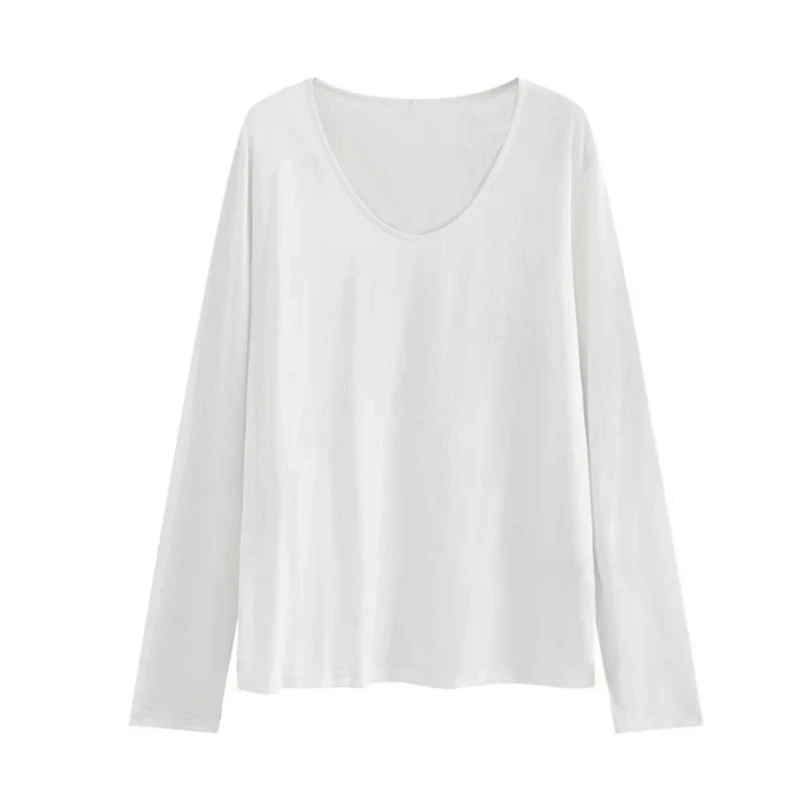 大领口白色U领长袖T恤女秋季显瘦宽松慵懒打底衫简约百搭内搭上衣