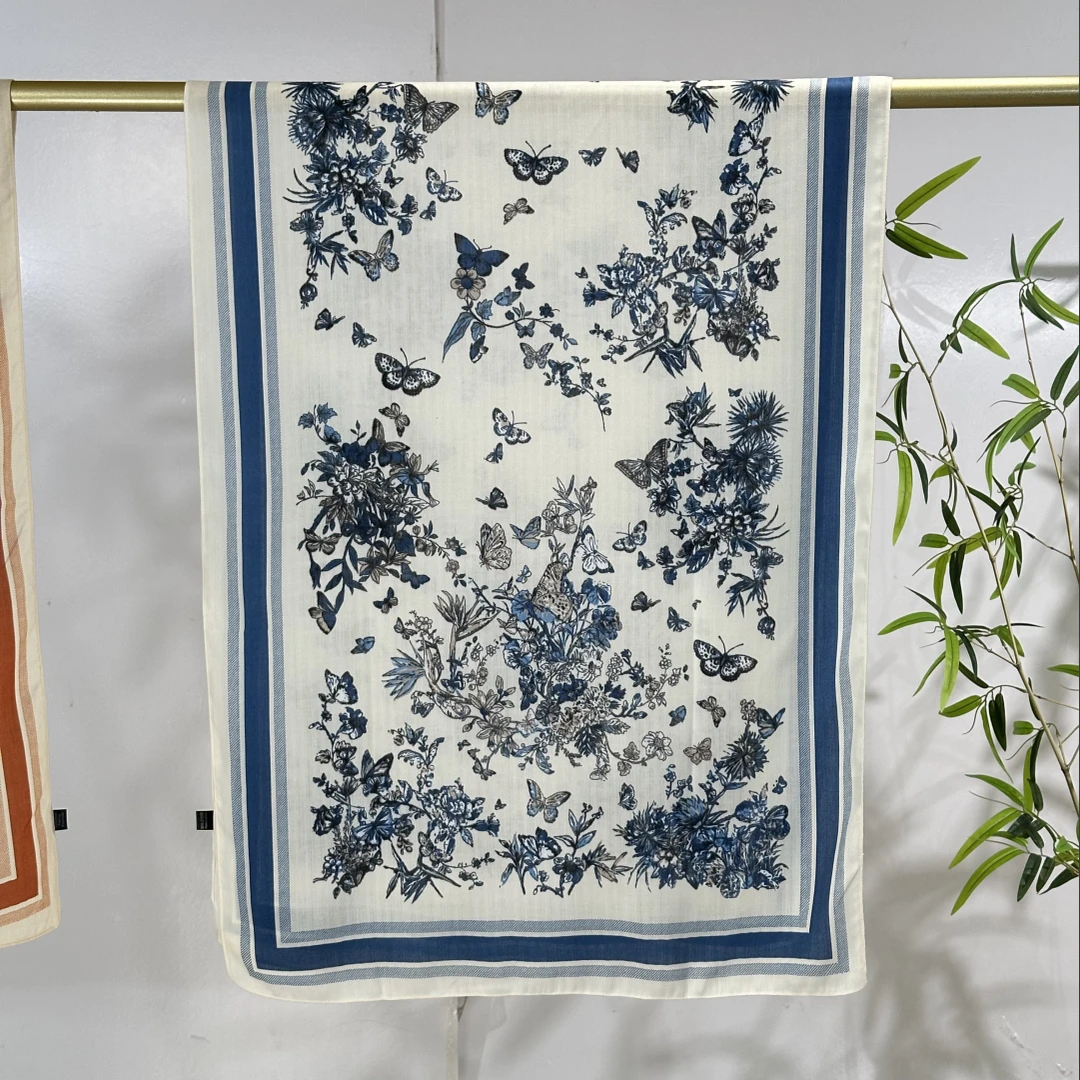 A11【蓝蝴蝶飞飞】70*180羊绒真丝长巾气质百搭复古围巾披肩丝巾女