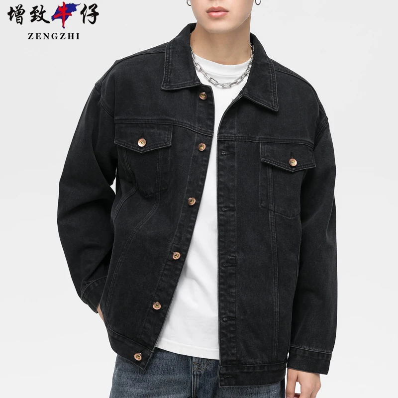 ZENGZHI/增致牛仔宽松秋季黑色牛仔外套男士潮流休闲男装上衣夹克