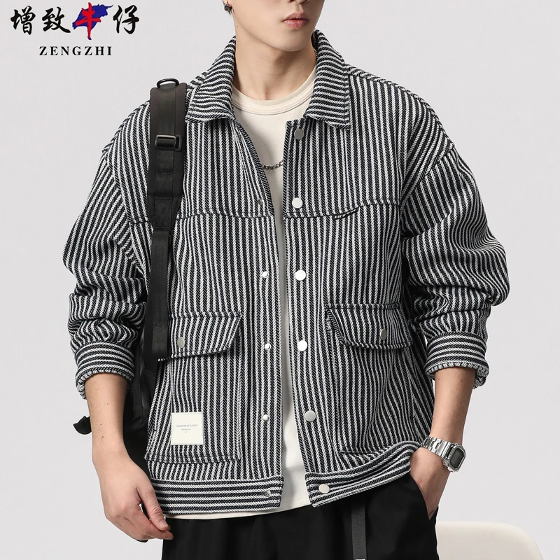 ZENGZHI/增致牛仔秋季牛仔外套男士提花条纹上衣夹克休闲百搭微阔