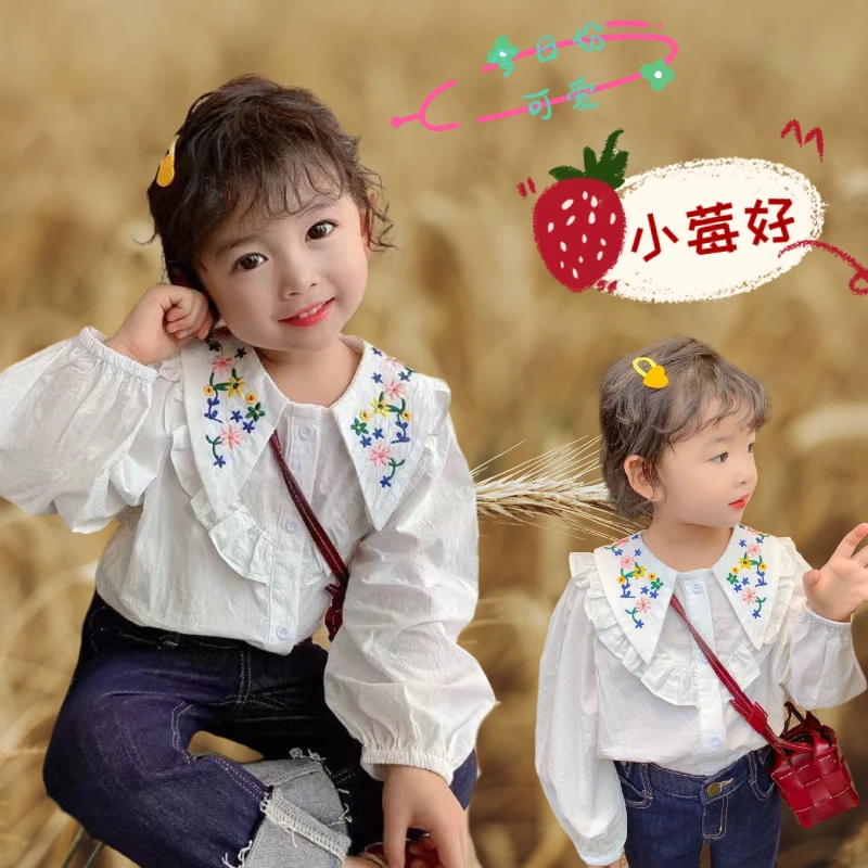 女童刺绣娃娃领衬衫2024春秋季新款韩版棉布衬衣可爱泡泡袖上衣潮