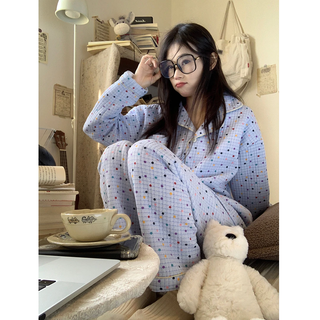 波点加厚夹棉睡衣套装女秋冬季长袖空气棉保暖学生家居服2024新款