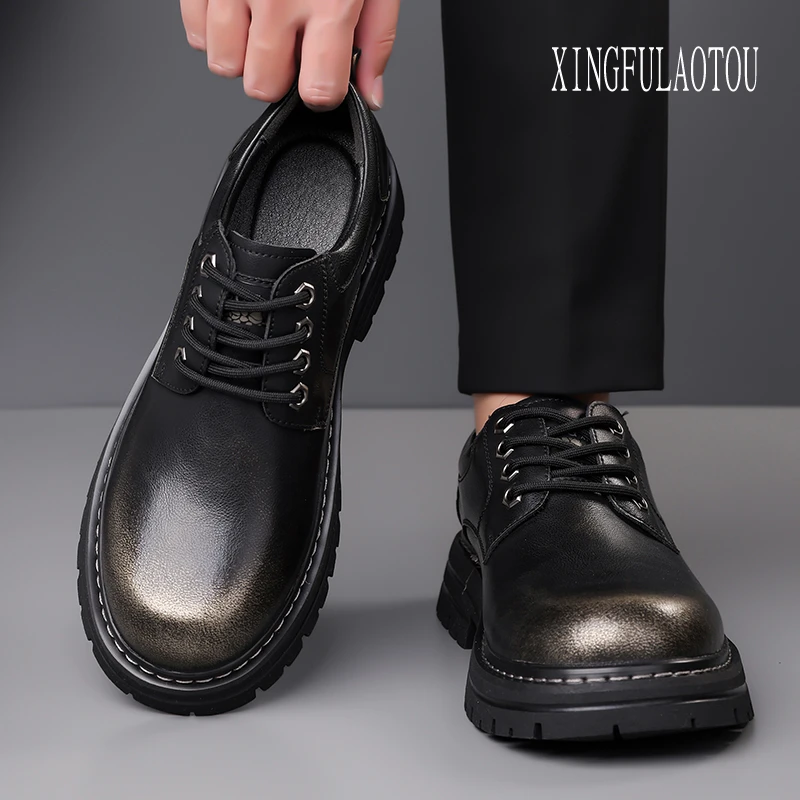 马丁靴男低帮男士英伦风时尚小众潮流复古男鞋系带厚底大头工装鞋