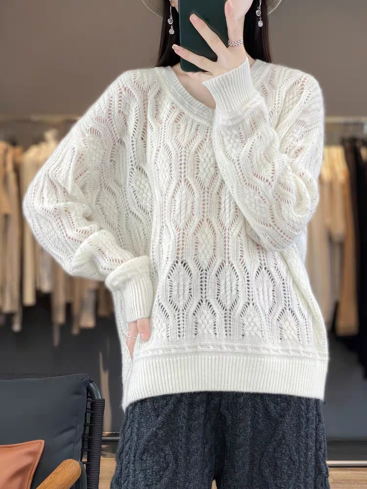 【MD】新款100纯羊毛衫镂空毛衣女v领宽松慵懒风羊毛针织打底衫822