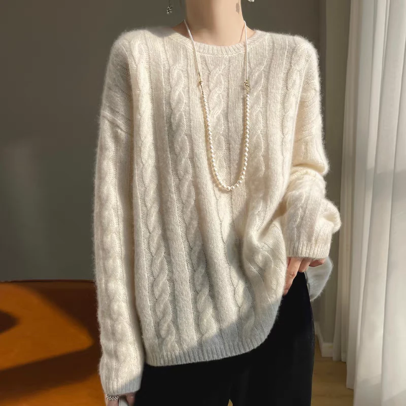 软糯亲肤！77%山羊绒23%桑蚕丝双股加厚扭花慵懒风宽松加厚毛衣女