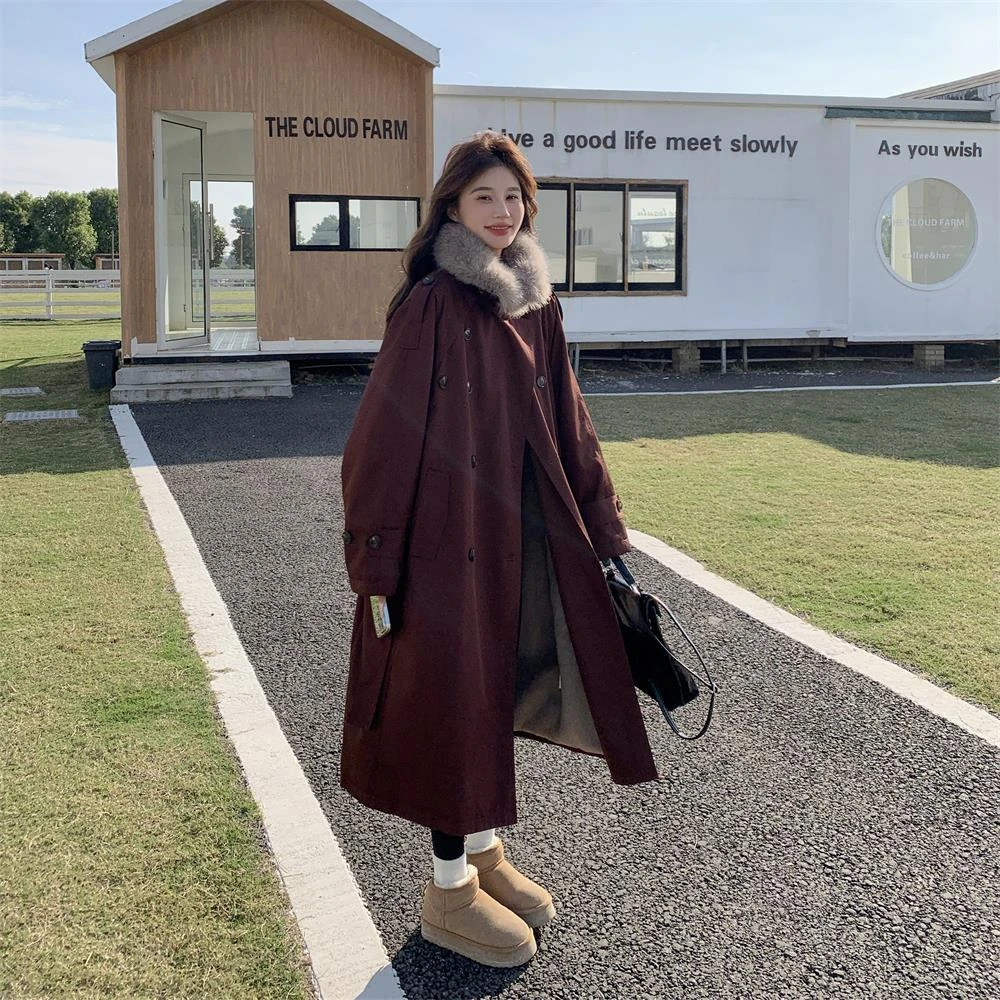 安可拉红中长款派克服女冬季2024新款工装棉服加绒加厚风衣式棉衣