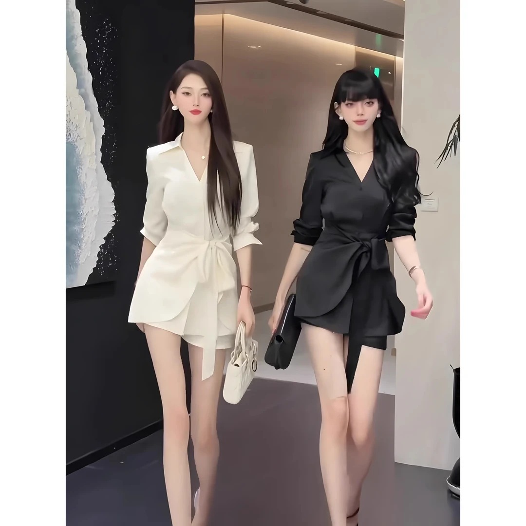 气质女神范时尚套装女早秋新款韩系收腰中长款长袖衬衫短裤两件套