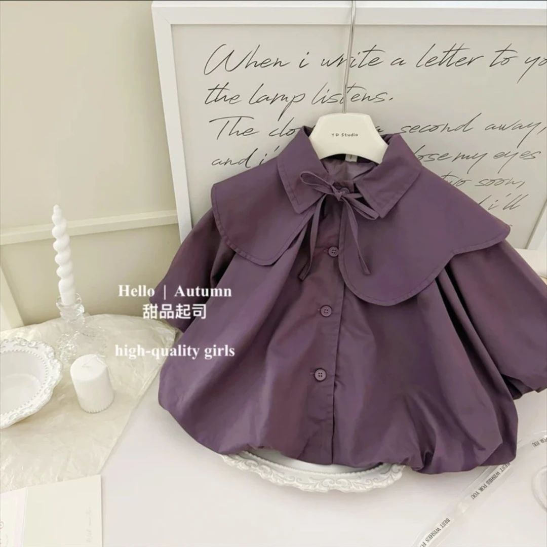 儿童法式女宝宝小斗篷设计紫色风衣中长款儿童女童秋装儿童小童装