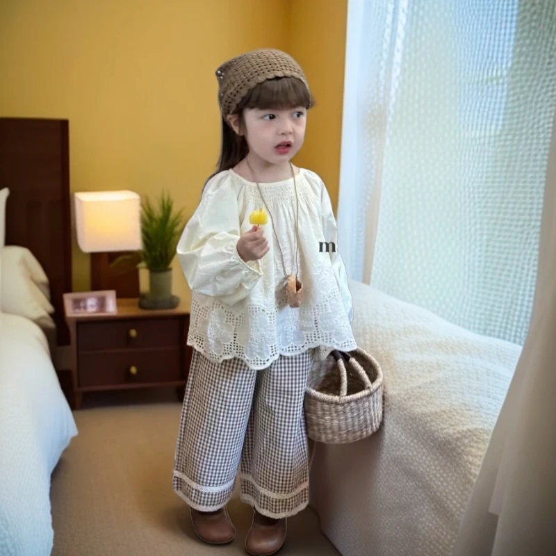 儿童秋季新款套装森系女宝宝蕾丝花边衬衫格子裤两件套春秋洋气