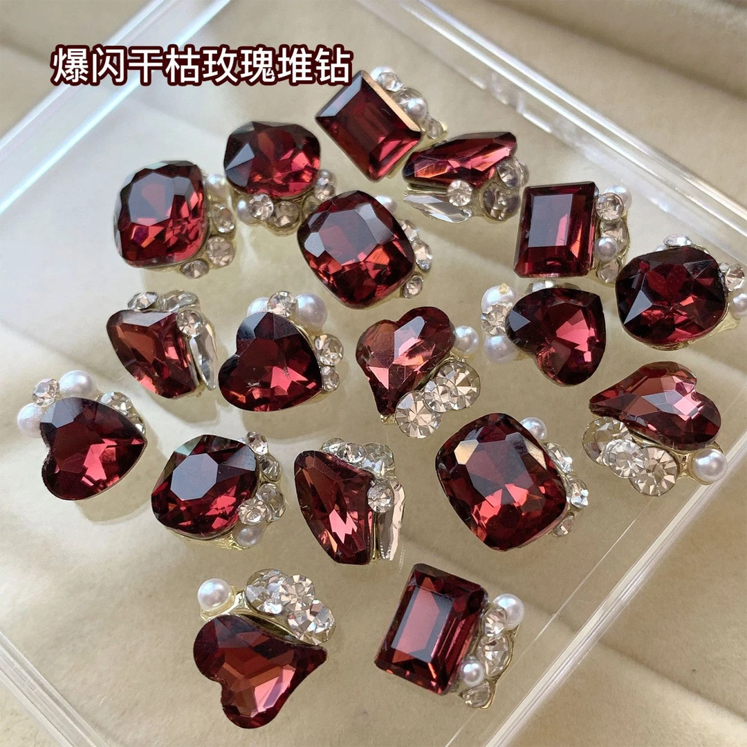 网红新款干枯玫瑰美甲饰品钻尖底异形钻爱心长直角指甲堆堆钻装饰