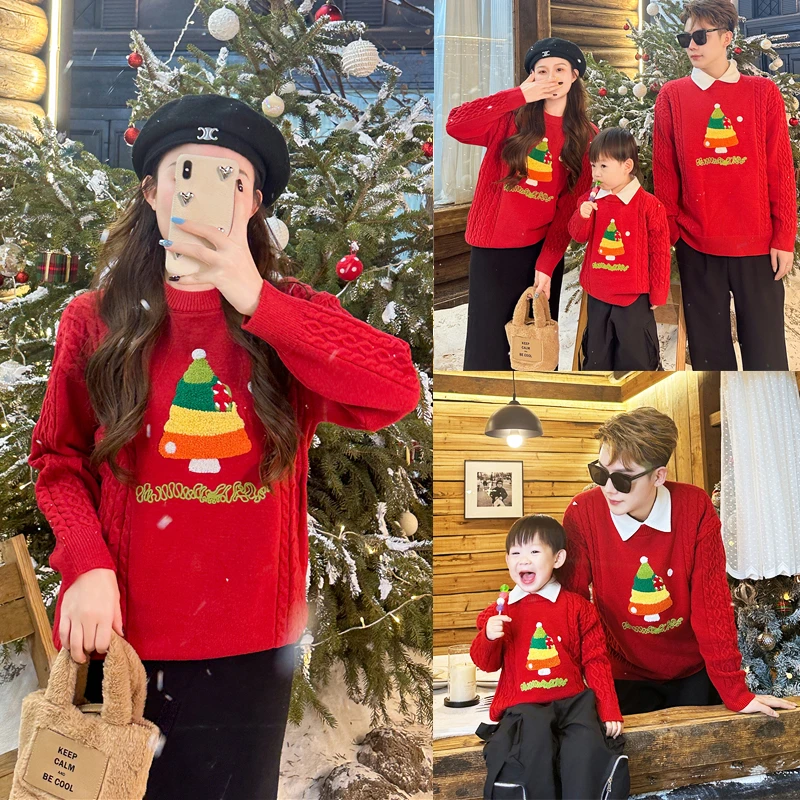 2024新款红色节日圣诞树加厚毛衣针织衫亲子装全家装一家三口8905