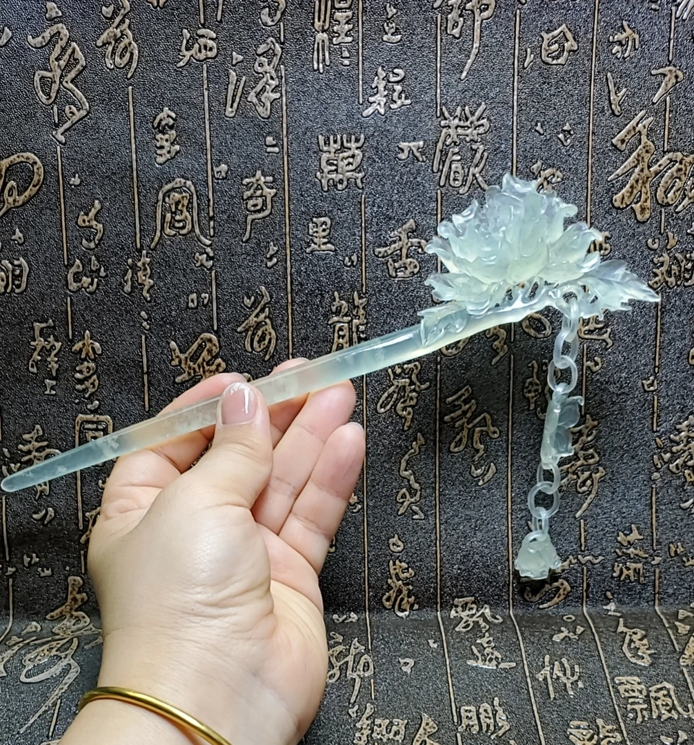 岫玉高冰纯手工天然一体流苏牡丹花发簪天然玉石纹路不一