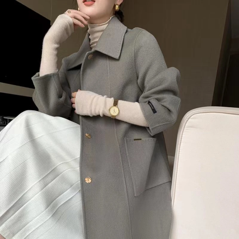 春秋新款女士双面羊毛中长款羊毛大衣外套