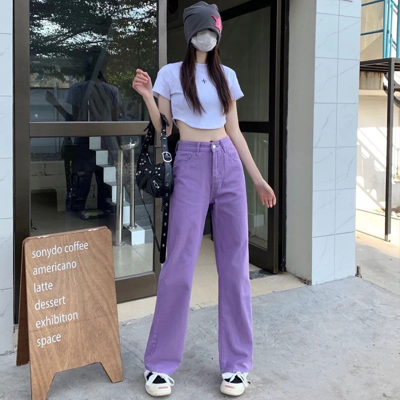 紫色时尚高腰显瘦直筒软牛仔裤女2025年秋季宽松垂感拖地阔腿裤潮
