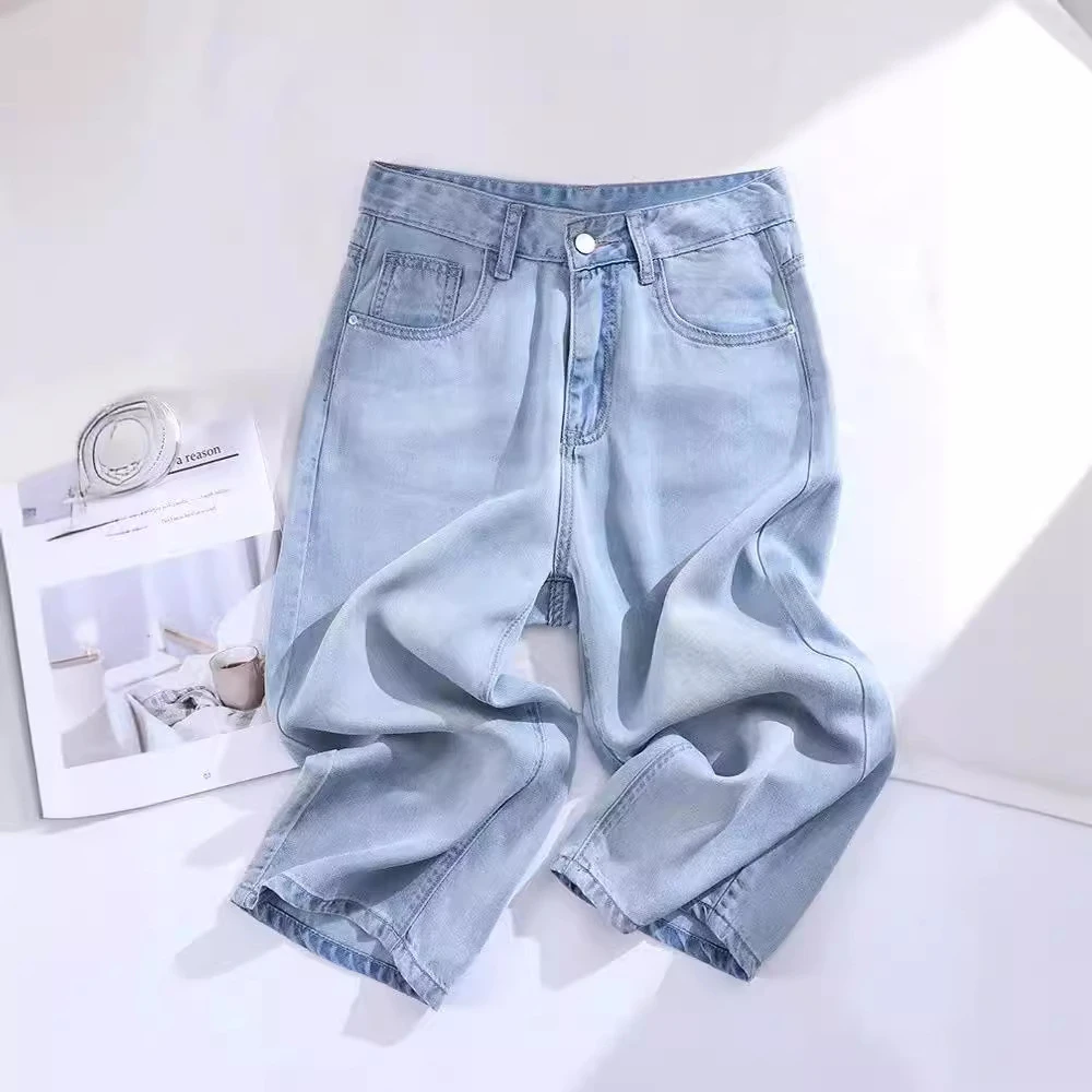 夏季薄款七分天丝牛仔裤女2024年新款宽松高腰显瘦小个子直筒裤子