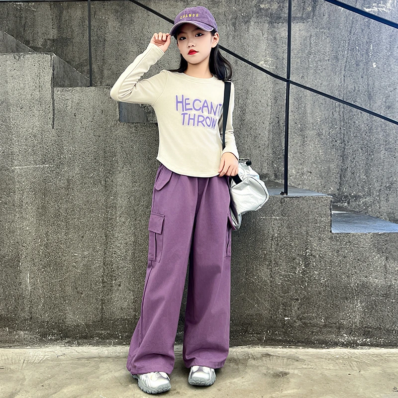 女童工装裤百搭ins秋装2024新款儿童两件套大童春秋时髦流光风