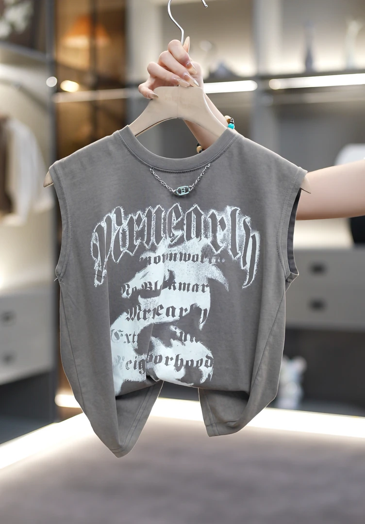 2025新款夏季中大童美式复古坎肩无袖t恤